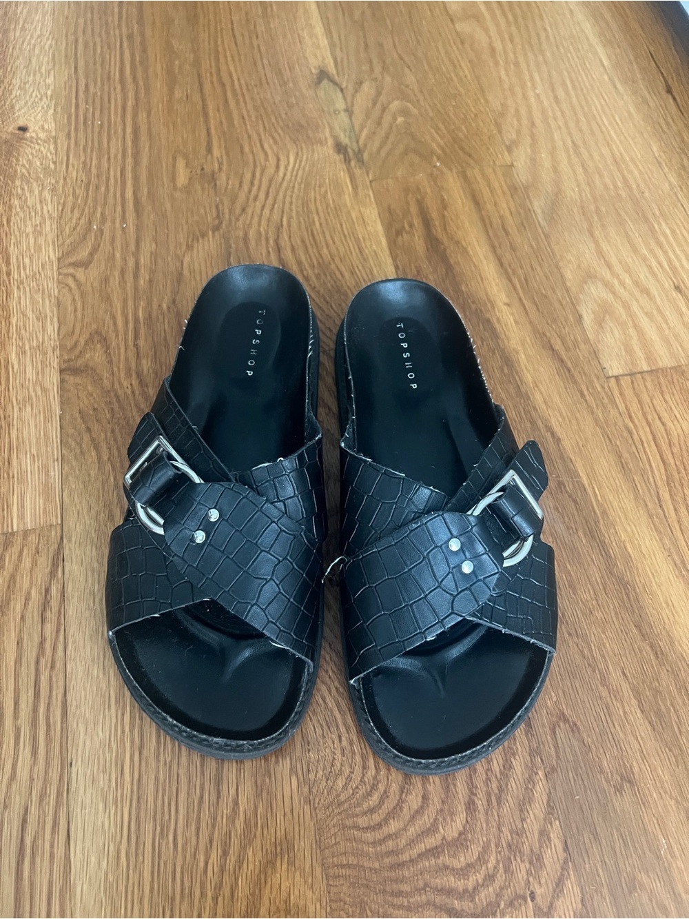 Topshop Black Croc-Embossed Slide Sandals with Silver Buckles